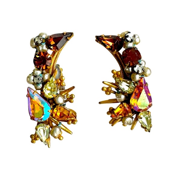 Vintage Originals By ROBERT Earrings Clip On Ear Climber AB Crystal Pearl Signed - Picture 1 of 10